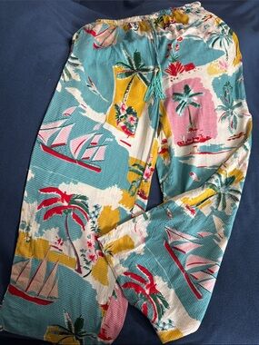 Wide Leg Tropical Print Pants in Aqua